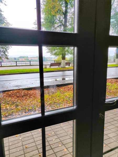 Vista a través de la puerta de cristal a la calle en temporada de otoño . — Foto de Stock