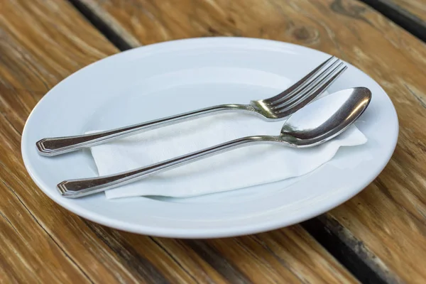 Fourchette Cuillère Avec Plaque Blanche Sur Table Bois — Photo