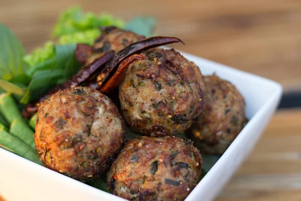 Spicy Mince Pork Balls Salad White Plate Table Thai Food — Stock Photo, Image