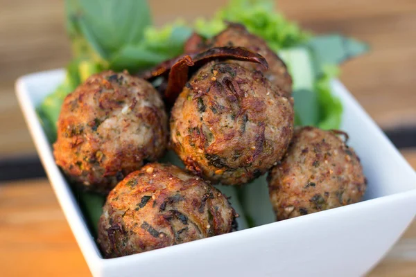 Spicy Mince Pork Balls Salad White Plate Table Thai Food — Stock Photo, Image