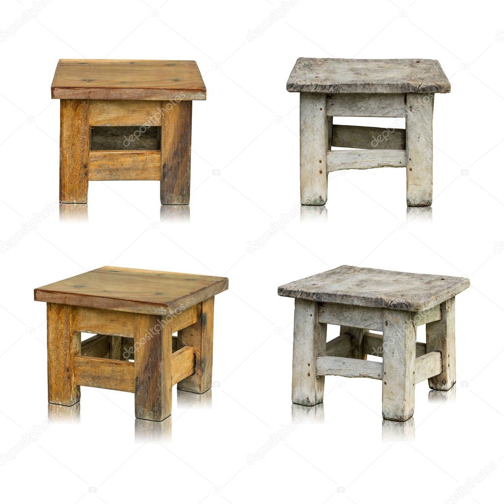 set of wooden chair or wooden stool isolated on white background