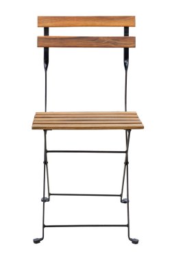 Beyaz Torba 'ya izole edilmiş Tahta Koltuklu Metal Sandalyenin Önü