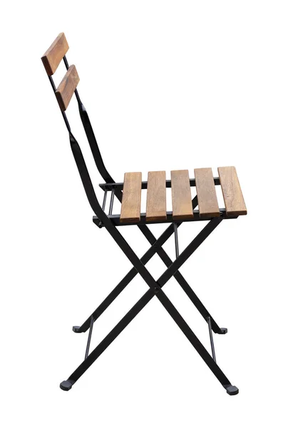 Vista lateral de la silla de metal con asiento de madera aislado en el respaldo blanco —  Fotos de Stock