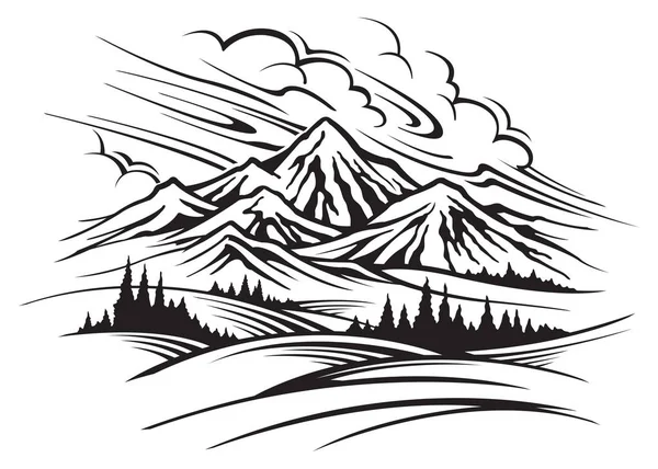 Montaña Rocosa Paisaje Blanco Negro — Vector de stock