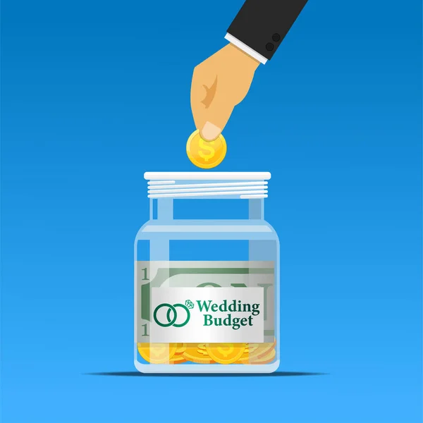 Mão Colocando Moeda Orçamento Casamento Jar Saving Conceito Dinheiro —  Vetores de Stock