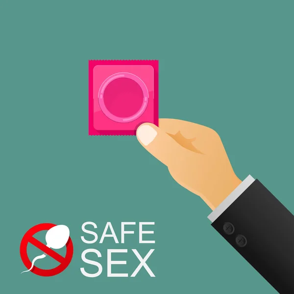 Safe Sex Hand Houden Condoom Vector Plat Ontwerp — Stockvector