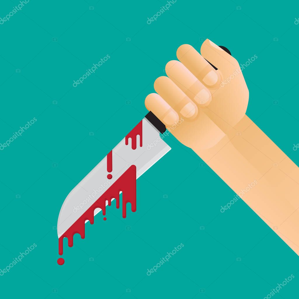 Hand holding knife with blood vector flat design.