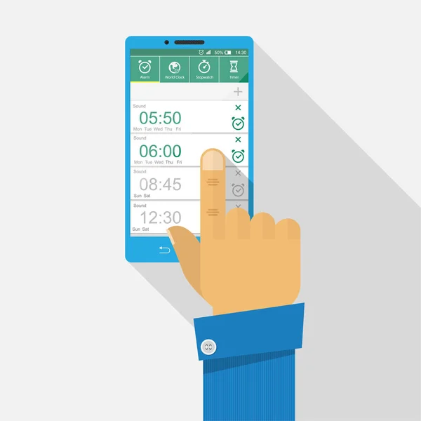 Hand Stellt Alarm Auf Smartphone Vektor Flaches Design — Stockvektor