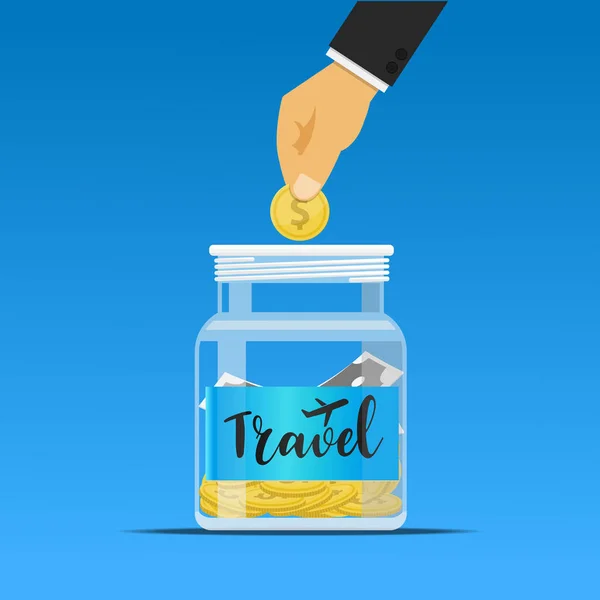 Hand Putting Coin Travel Jar — Stockvector