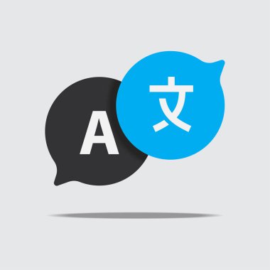 Konuşma baloncuklarındaki çeviri simgeleri vektör illüstrasyonunda.