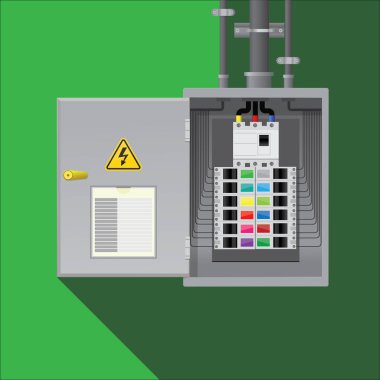 Yeşil duvarda çelik tüplü elektrik kutusu..