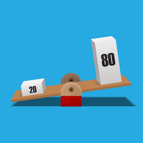 80 and 20 balance on scale,pareto principle scale,80/20 principle isolated on background vector illustration.