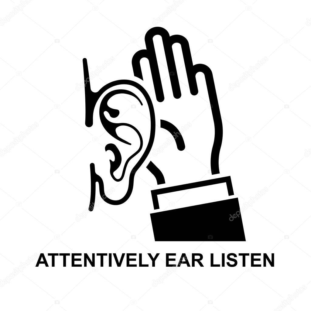Attentively ear listen icon. Hear rumor or secret isolated on background vector illustration. Non AI generate