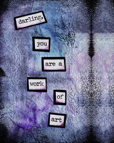 A unique illustration of encouraging words on a purple and blue abstract background.