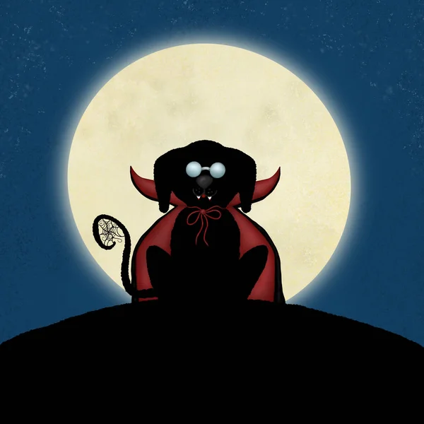 Cão vampiro dos desenhos animados sentado na frente de uma lua cheia brilhante Illu — Fotografia de Stock