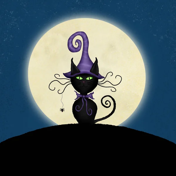満月の前で魔女の帽子をかぶった漫画黒猫 — ストック写真