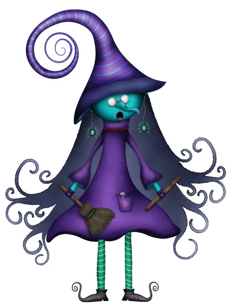 Cartoon Witch Holding a Broken Broomstick Illustration on a Whit