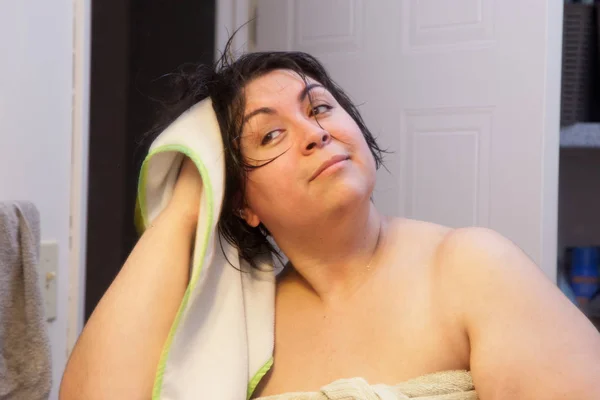 Woman Smiles Rubs Her Short Wet Dark Hair Towel — Stock Photo, Image