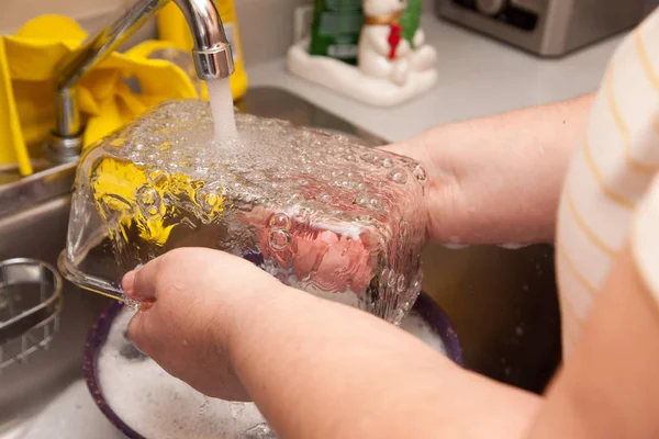 Water Runs Clear Glass Dish Sink While Being Washed — Stock Photo, Image