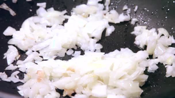 Близький Погляд Смачну Розмірну Цибулю Перемішуючи Сковороді — стокове відео