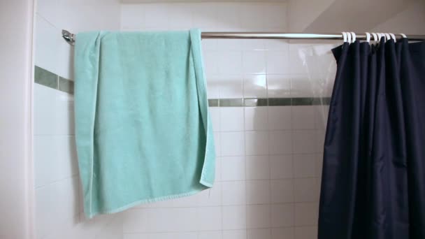 Woman Still Wet Hair Throws White Towel Railing Her Shower — Stockvideo