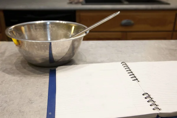 Blank Book Sits Mixing Bowl Ready Create Bake Kitchen — Stock Photo, Image