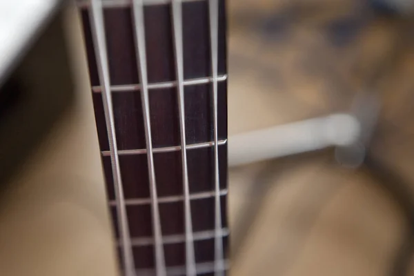 Foco Suave Nas Trastes Madeira Cordas Metal Uma Guitarra Baixo — Fotografia de Stock