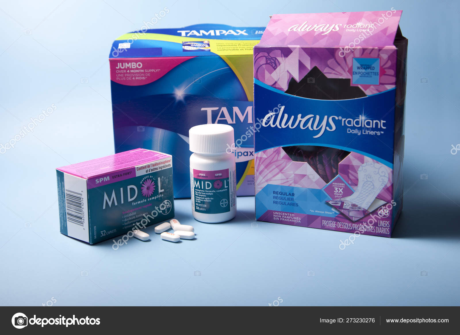 Box of Tampax tampons, Always pads and Midol for pain relief dur – Stock  Editorial Photo © rustycanuck #273230276