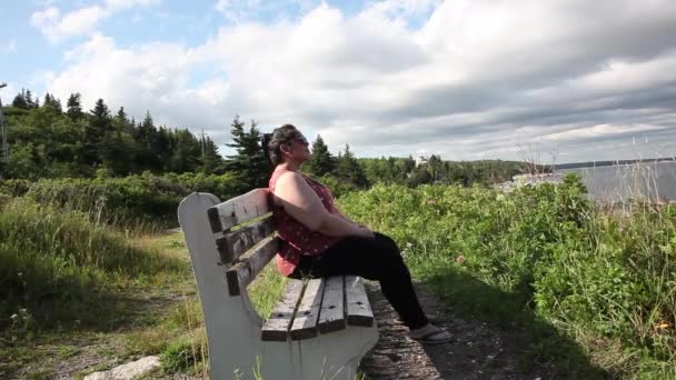 Une femme est assise sur un banc près de l'océan. — Video