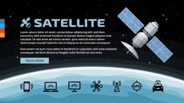 Vector template of flat isolated satellite in space with GPS radar station, solar panel, dish, earth and communication icons.  clipart