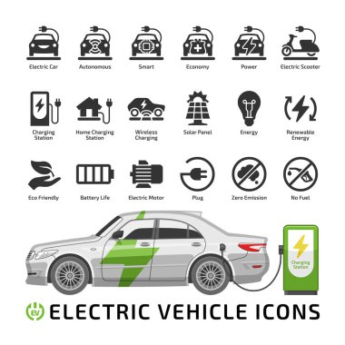 Elektrikli araç şarj istasyonu ile vektör mockup. Şarj, pil gücü ve fişi ile elektro araç şekil Icon set.