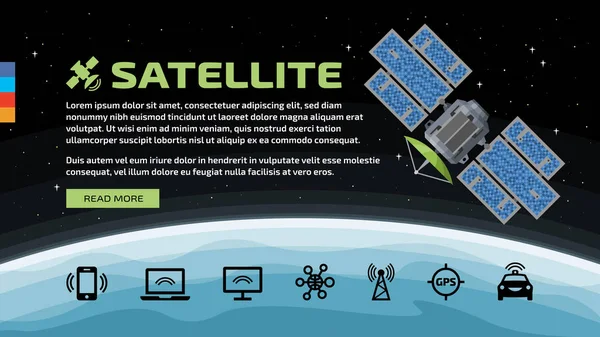 Modelo Vetor Satélite Comunicação Plana Espaço Com Ícones Telecomunicações Terra —  Vetores de Stock