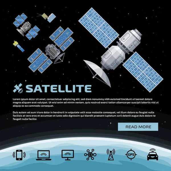 Vektor Flache Illustration Mit Satellit Raum Schüssel Erde Sternenhintergrund Text — Stockvektor