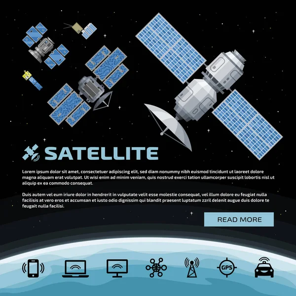Векторная Плоская Иллюстрация Спутником Пространстве Тарелка Земля Звезды Фон Текст — стоковый вектор