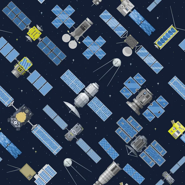 Vektor Nahtlosen Hintergrund Mit Flachen Isolierten Satelliten Weltraum — Stockvektor