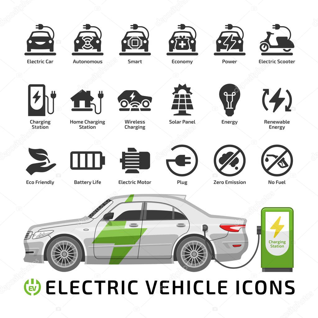 Electric car vector mockup with charge station. Electro vehicle shape icon set with charger, battery power and plug.