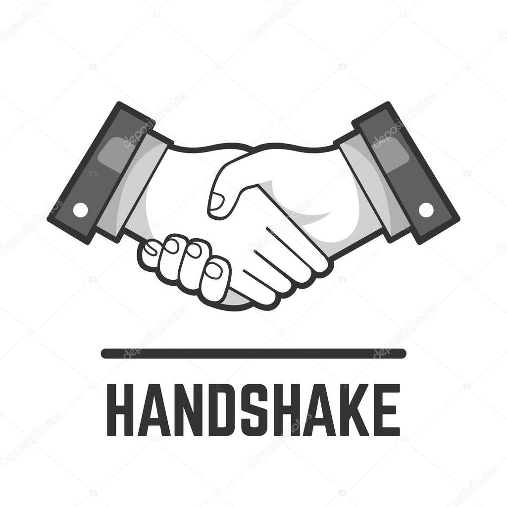 Vector handshake or partnership and business agreement flat grey isolated drawing icon of two shake hand for people friendship and relationship illustration.