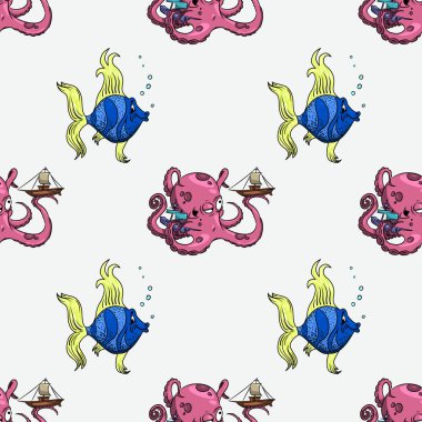 Balık ve ahtapot seamless modeli