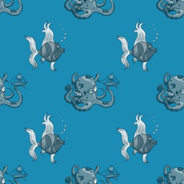 Balık ve ahtapot seamless modeli