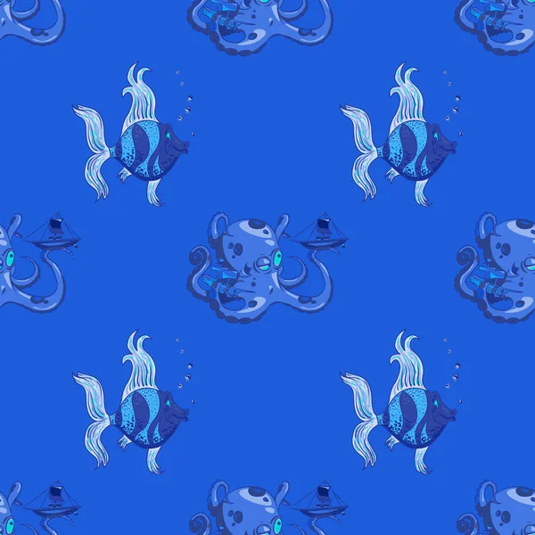 鱼和章鱼无缝模式 — 图库矢量图片