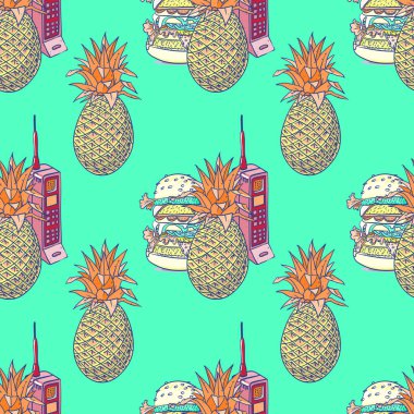 hücre telefon seamless modeli ananas, hamburger ve vintage
