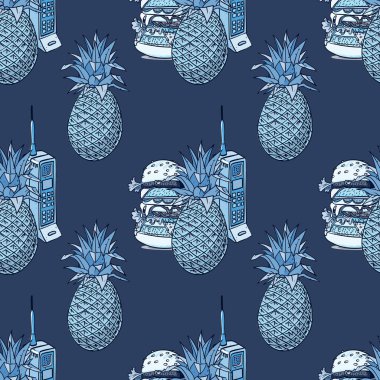 hücre telefon seamless modeli ananas, hamburger ve vintage