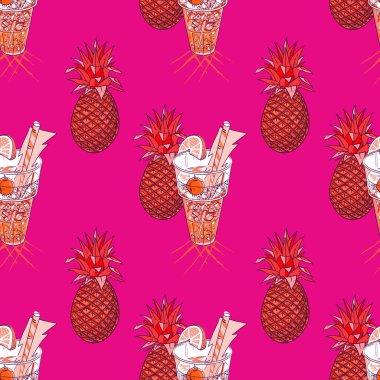 ananas ve plaj kokteyl seamless modeli
