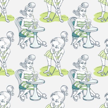 Golf oynamak ve kokteyl Dikişsiz desen içme kadın