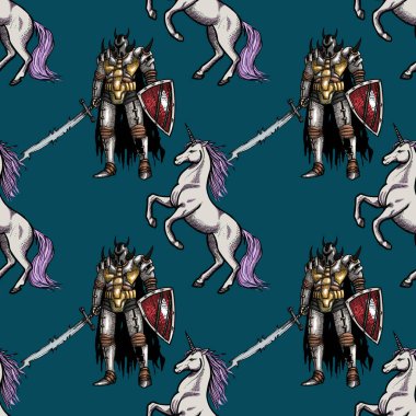 Ortaçağ knight ve tek boynuzlu at seamless modeli