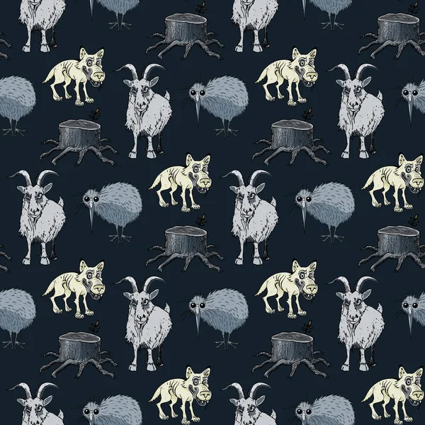 wolf, goat, kiwi and tree stump seamless pattern