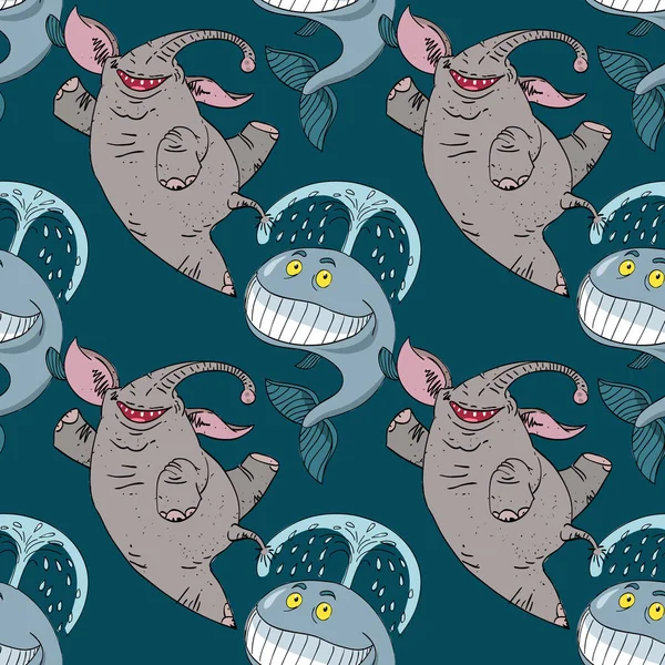 Dancing happy elephant and whale seamless pattern — Stock Vector