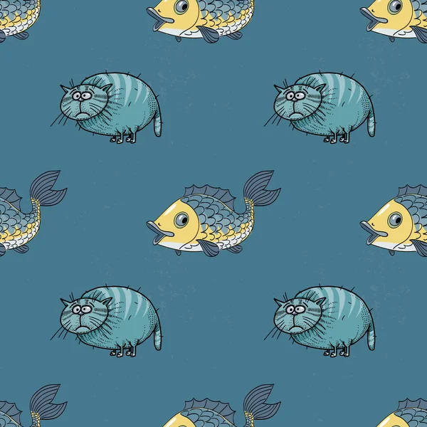 Fat cat and fish seamless pattern — Stock Vector