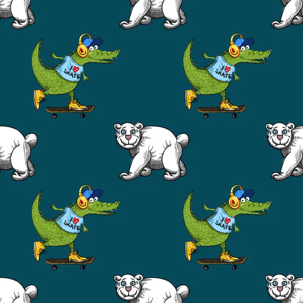 Crocodile on skateboard and white bear seamless pattern — Stock Vector