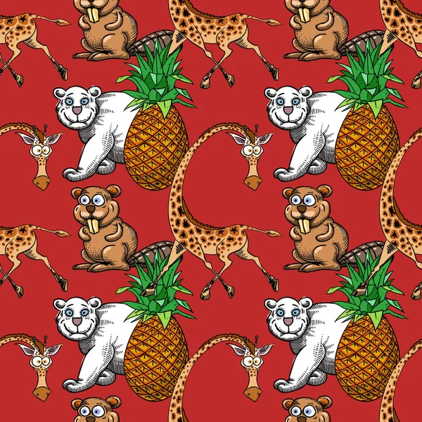 giraffe, pineapple and white bear, beaver seamless pattern